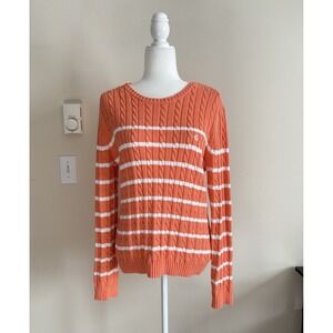Ralph Lauren Orange Striped Cable Knit Crewneck Sweater Womens Large Preppy